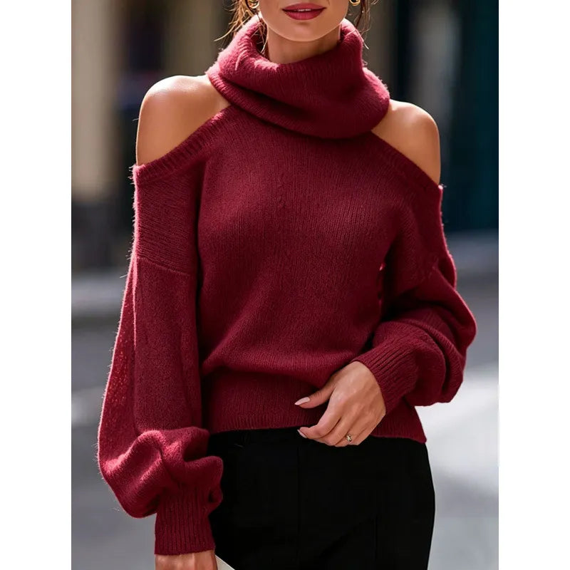 Cream Cold Shoulder Turtleneck Sweater Loose Fit Long Balloon Sleeve Knit Jumper for Fall Winter