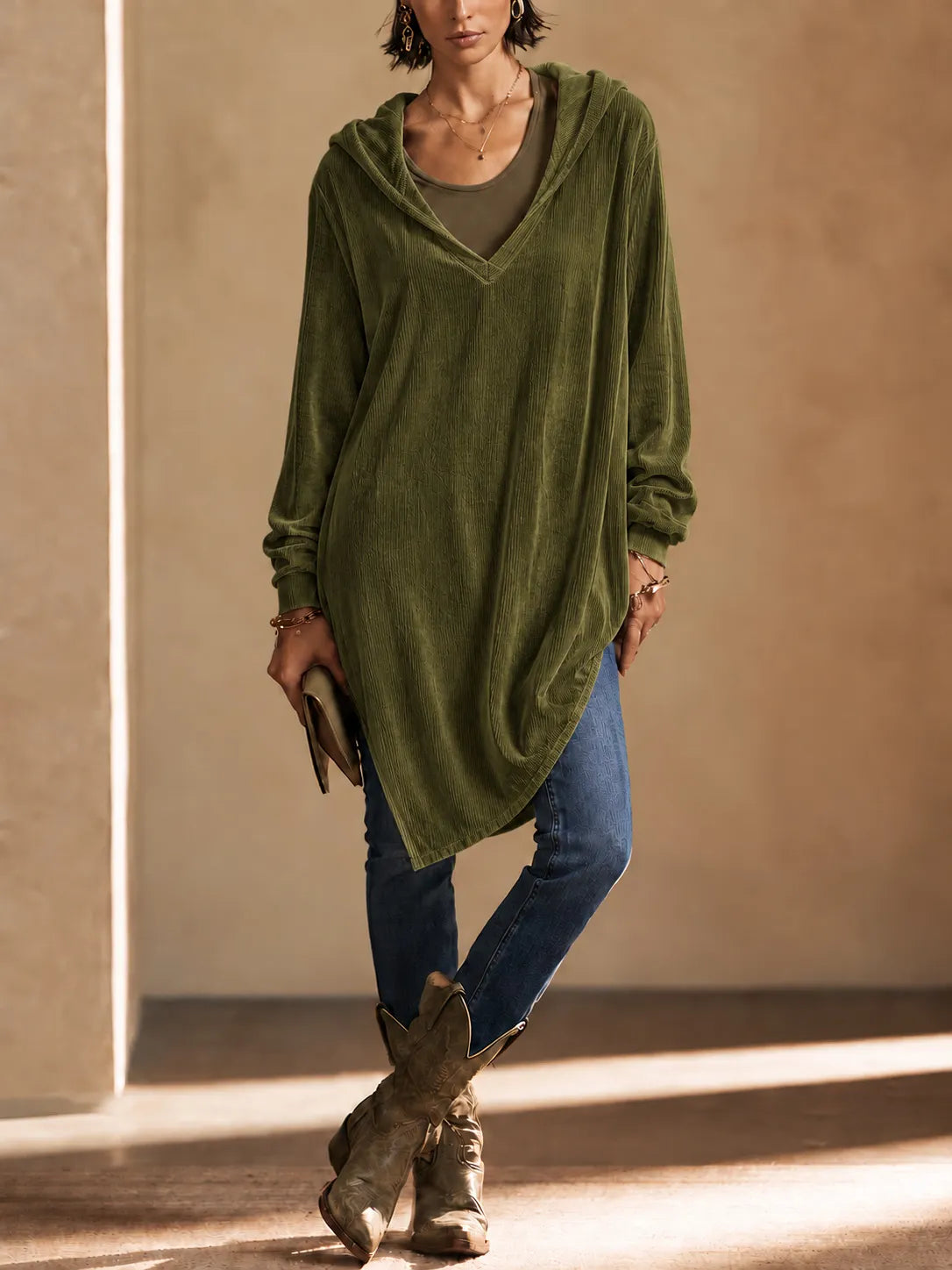 Loose Fit Corduroy V-Neck Hooded Long Sleeve Tunic Top