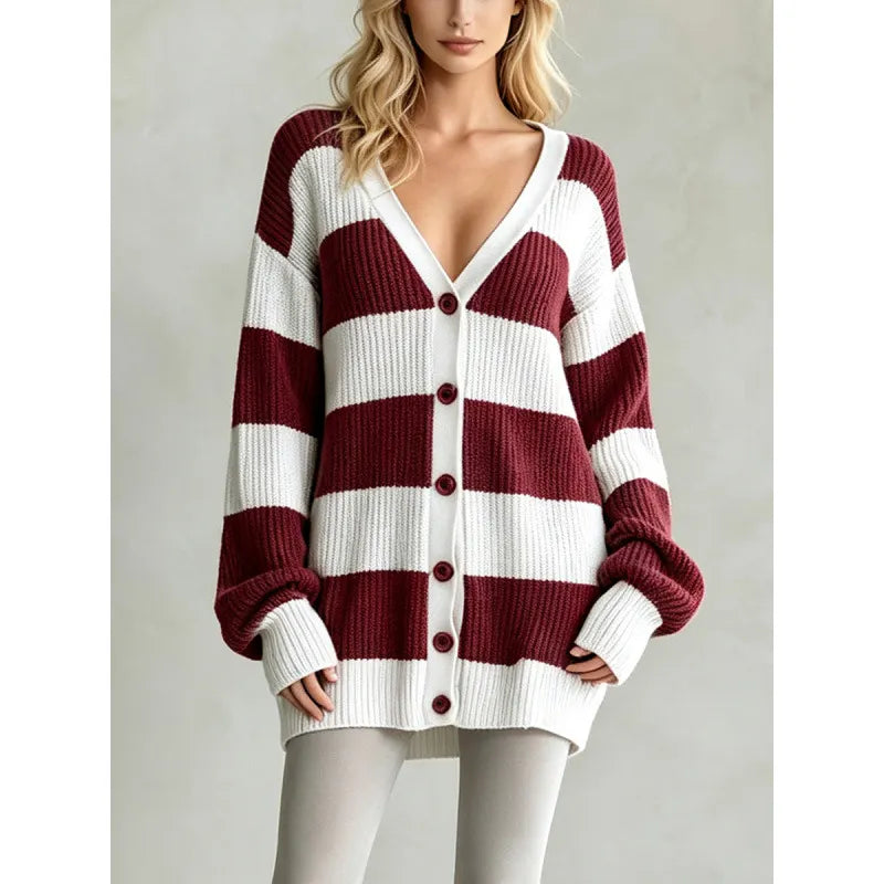 Navy White Wide Stripe Oversized Knit Cardigan V Neck Button Front Long Sleeve Loose Sweater Coat