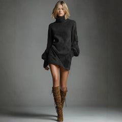 Retro Western Faux Suede Mini Dress High Neck Lantern Sleeve Cargo Pocket Loose Tunic Dress