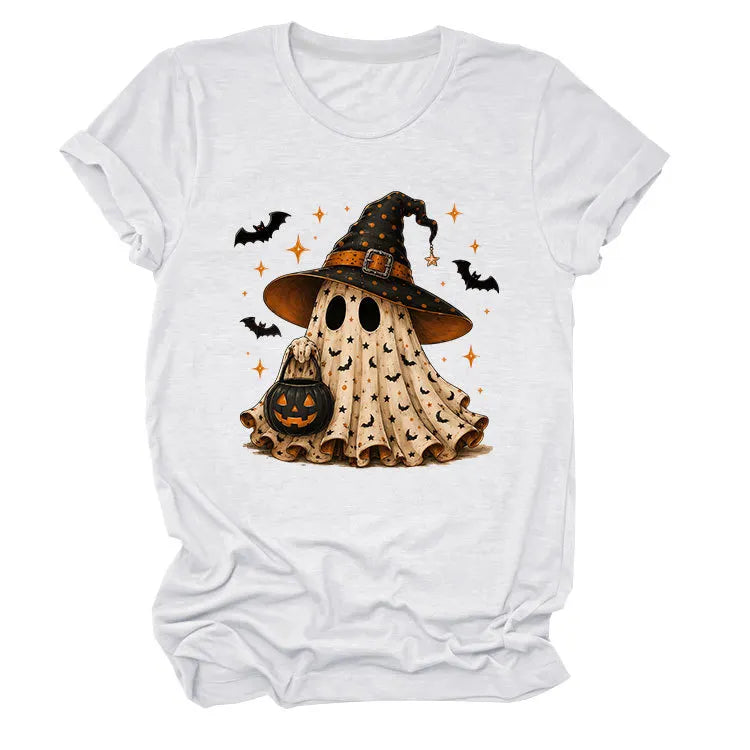 Halloween Ghost Witch Bat Print Crew Neck Short Sleeve T‑Shirt