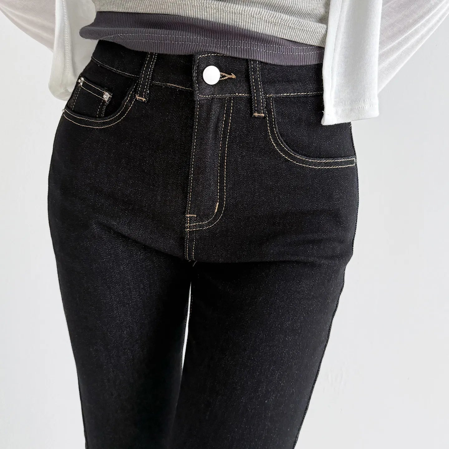 Mid Waist Slim Stretch Retro Split Hem Straight Nine-Point Jeans