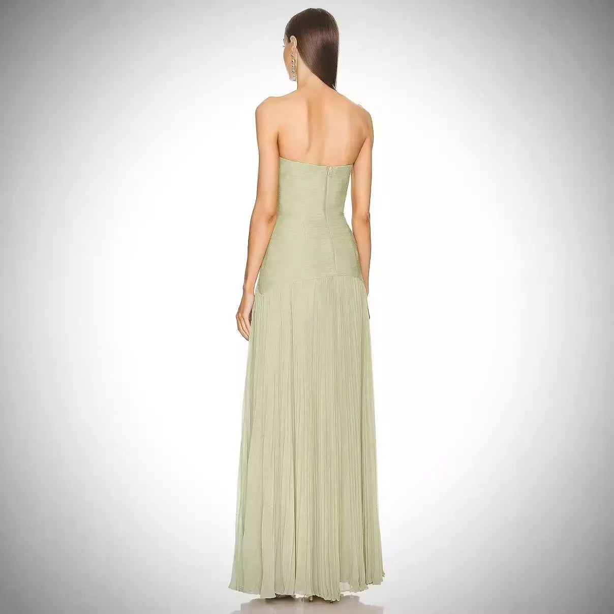 Strapless Solid Color Pleated Slim Fit Maxi Dress