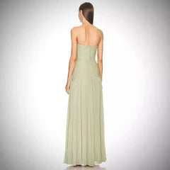 Strapless Solid Color Pleated Slim Fit Maxi Dress