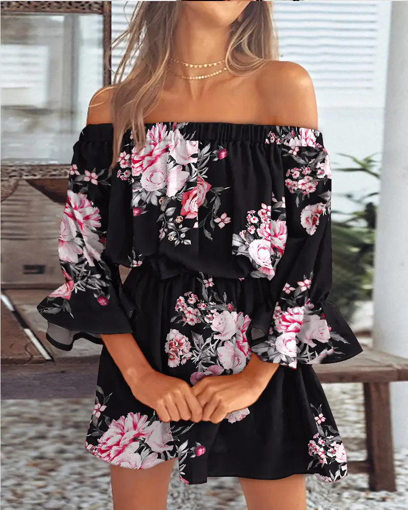 Off-the-Shoulder Ruffle Mini Dress, Floral Print Bell Sleeve Summer Dress