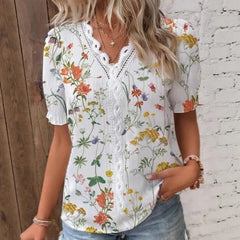 Floral Print Lace V-Neck Short Sleeve Casual Blouse