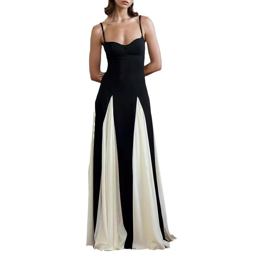 Black & White Contrast Spaghetti Strap High-Waisted A-Line Maxi Dress