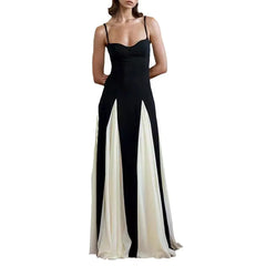 Black & White Contrast Spaghetti Strap High-Waisted A-Line Maxi Dress