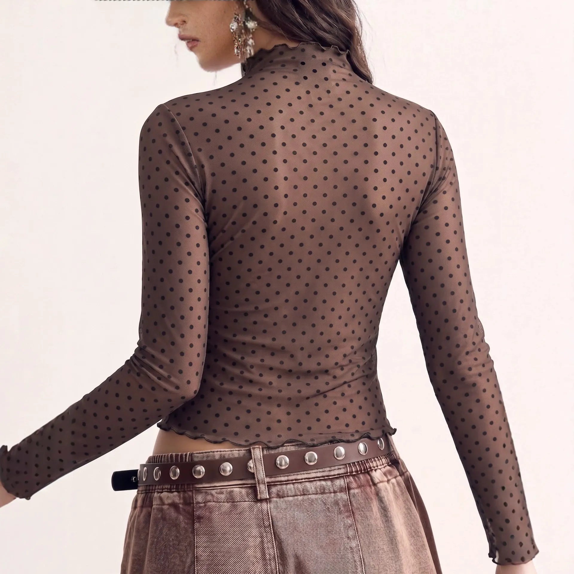 Brown Polka Dot Sheer Mesh Turtleneck Top | Long Sleeve Lettuce Edge Layering Shirt