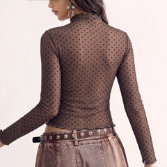 Brown Polka Dot Sheer Mesh Turtleneck Top | Long Sleeve Lettuce Edge Layering Shirt