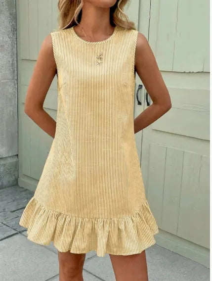 Round Neck Sleeveless Vertical Striped Loose Straight Mini Dress With Ruffle Hem