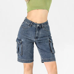 Mid-Rise Washed Straight Cargo Denim Five-Point Shorts