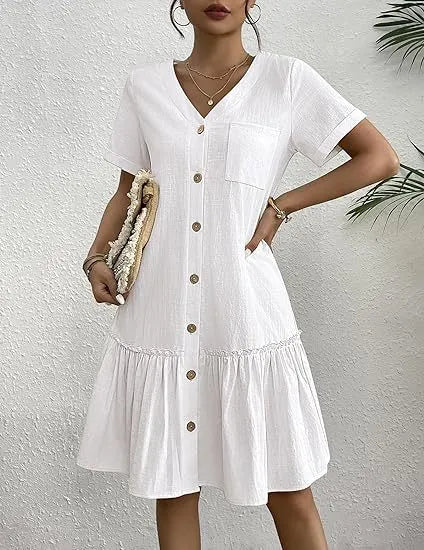 V Neck Short Sleeve Button Down Ruffle Hem Midi Dress