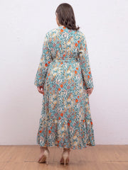 Plus Size Floral Print V‑Neck Wrap Long Dress