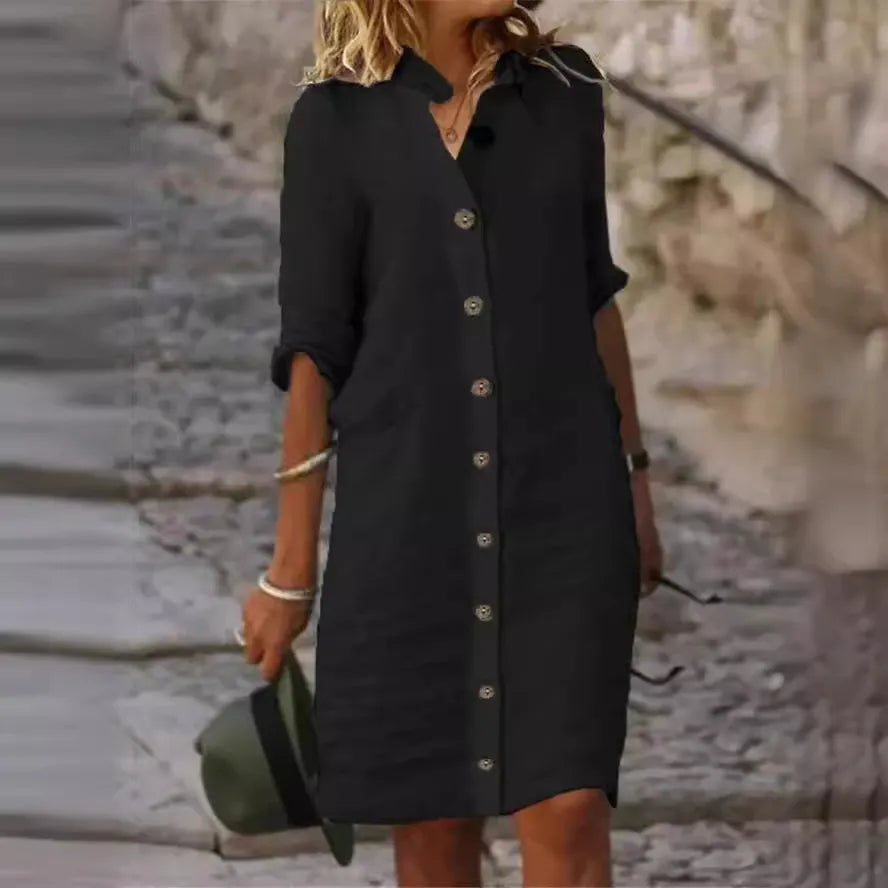 Collared Button Down Linen Midi Shirt Dress
