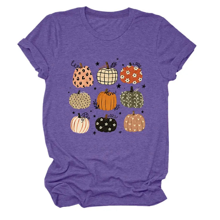 Leopard Floral Plaid Pumpkin Casual Short Sleeve Tee