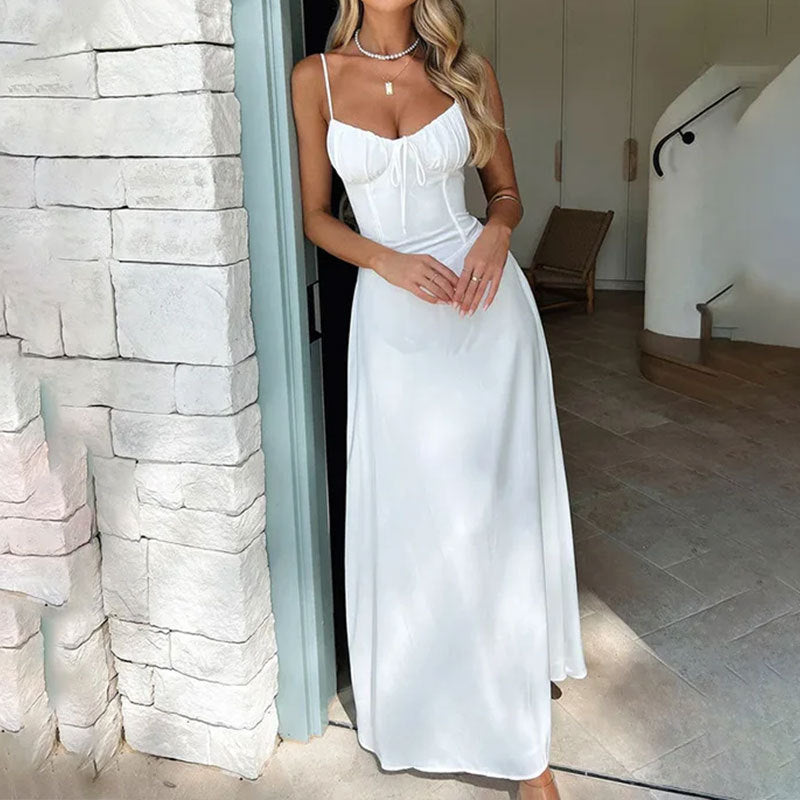 Spaghetti Strap Ruched Bust Tie Waist Maxi Dress