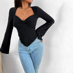 Twist Front Sweetheart Neck Blouse, Flare Long Sleeve Asymmetrical Hem Top (4 Colors)