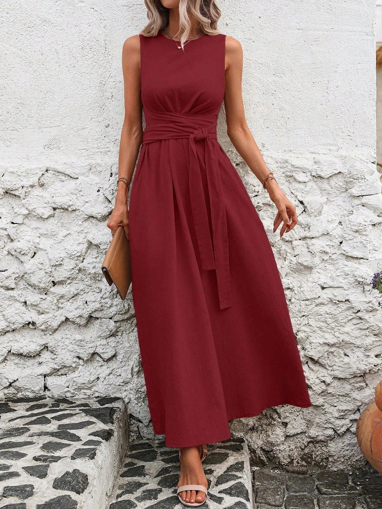 Sleeveless Round Neck Self Tie Waist Midi Dress
