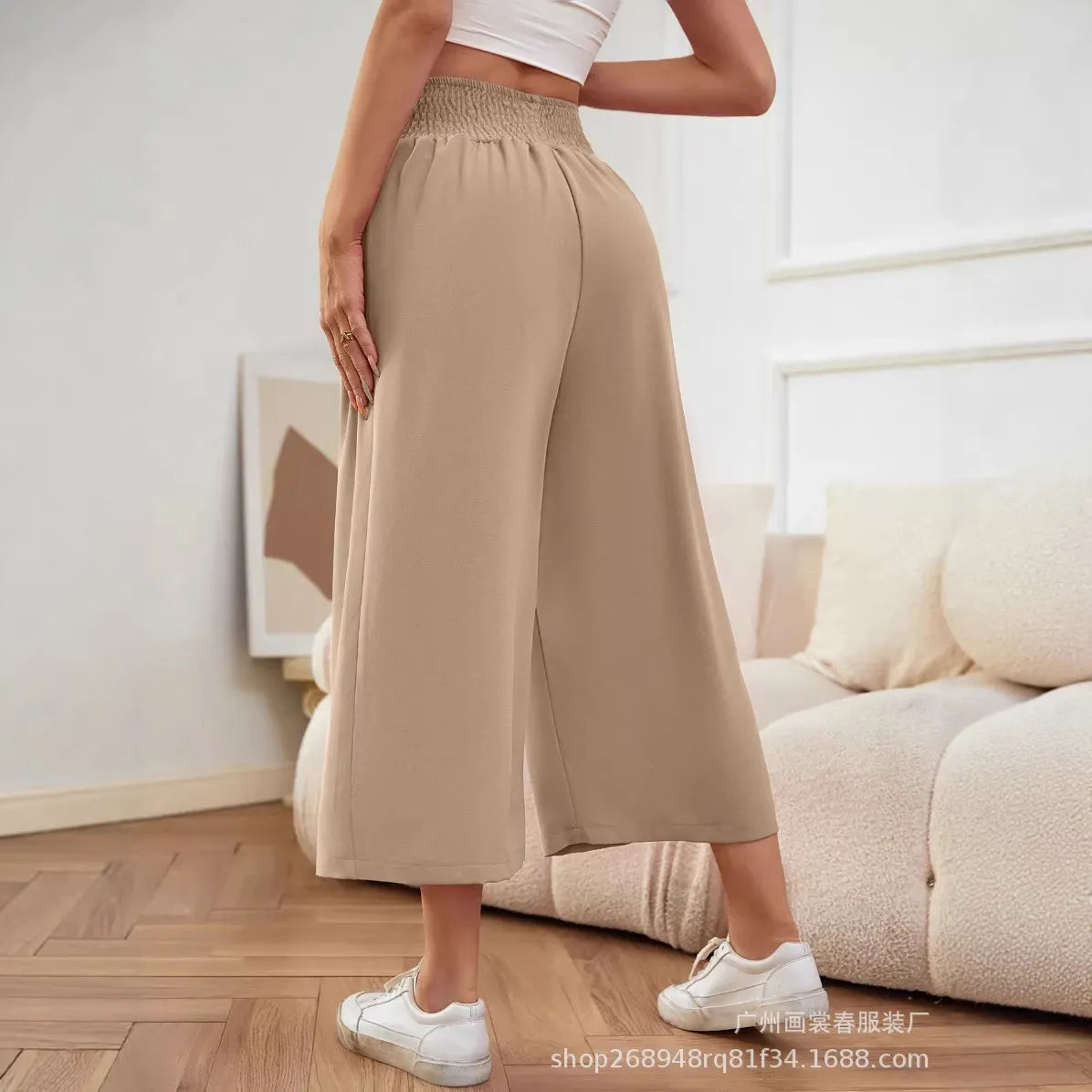 High Waist Smocked Waistband Wide Leg Cropped Pants
