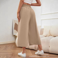 High Waist Smocked Waistband Wide Leg Cropped Pants