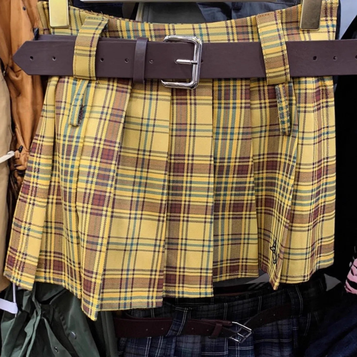 Classic Tartan Plaid Pleated Skirt Embroidery Detail High Waist Mini Skirt