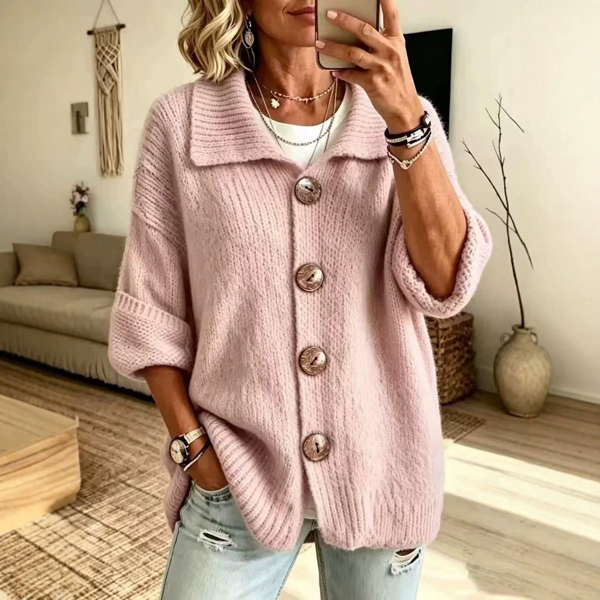 Lapel Collar Button Down Knit Cardigan, 3/4 Sleeve Loose Ribbed Knit Sweater Coat