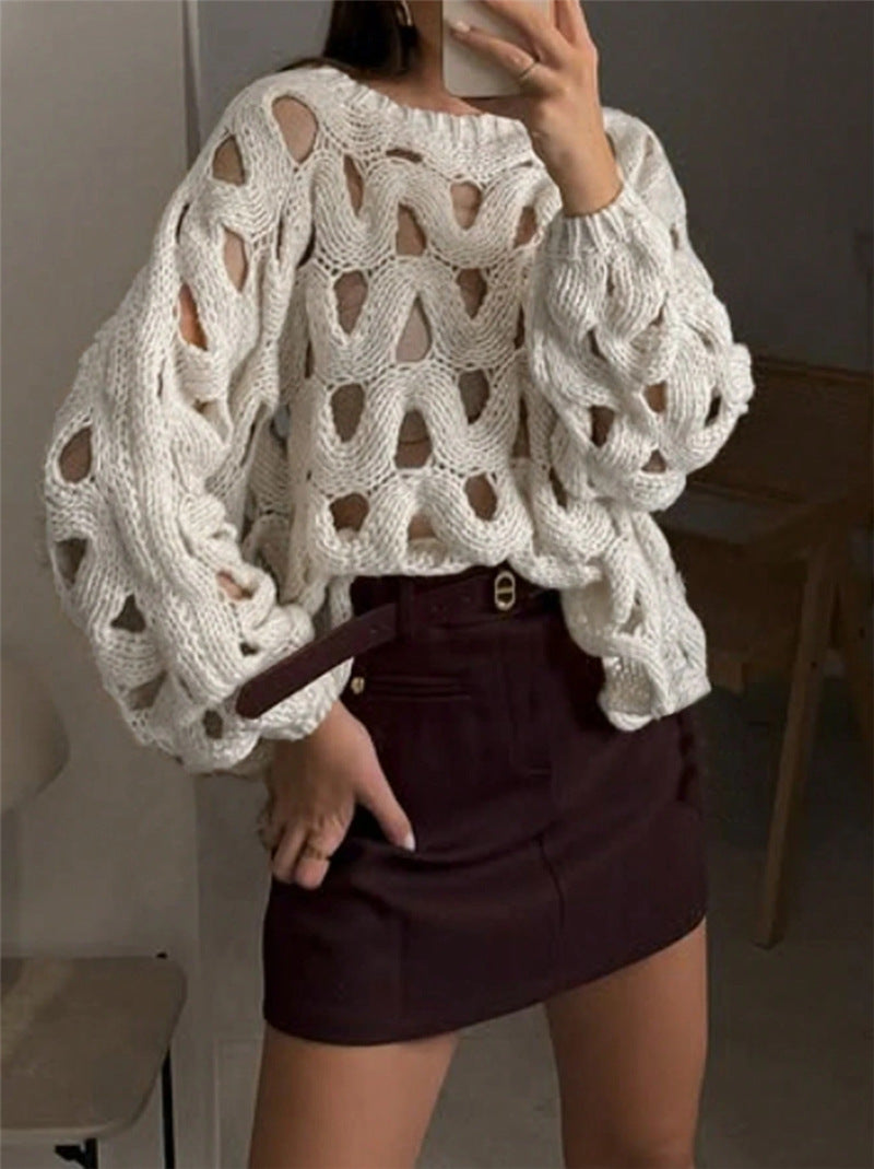 Openwork Hollow Knitted Jumper, Boho Lantern Sleeve Loose Fit Crochet Sweater
