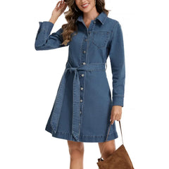 Classic Collared Denim Dress, Tie Belt A-Line Casual Jean Dress