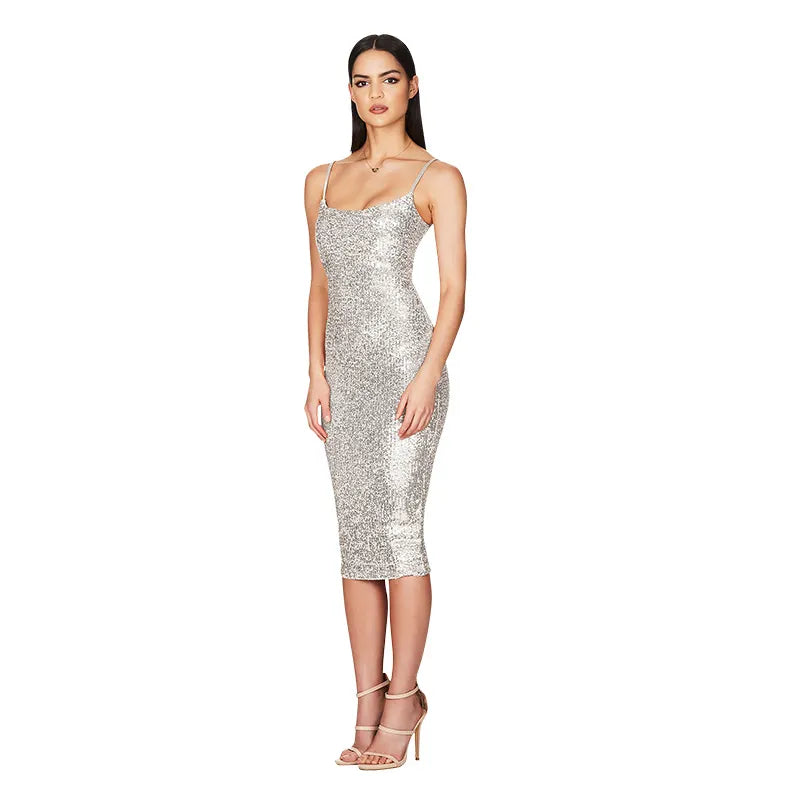 Sequin Spaghetti Strap High Waist Bodycon Midi Dress
