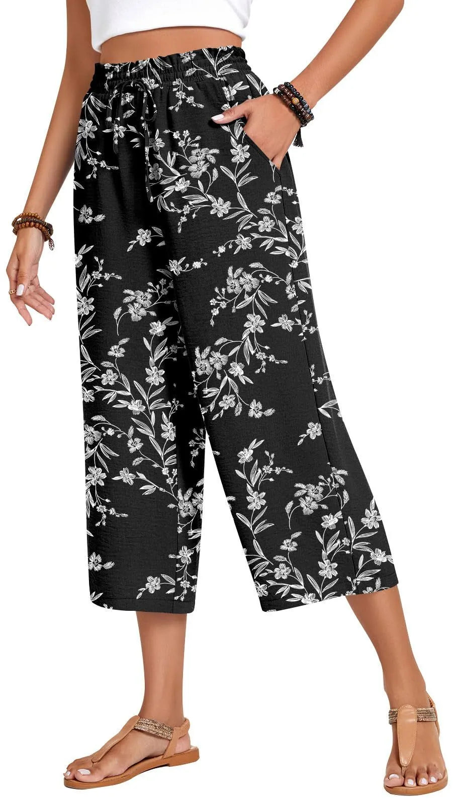Matching Flowy Linen Look Floral Print Drawstring High Waist Loose Cropped Casual Daily Outfit Pants