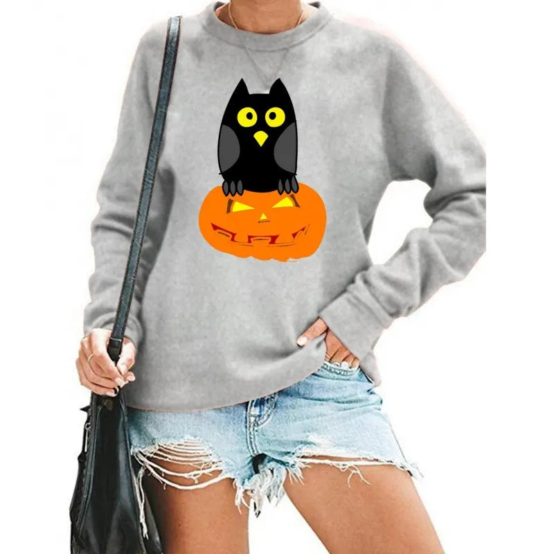Halloween Owl Pumpkin Print Crew Neck Sweatshirt