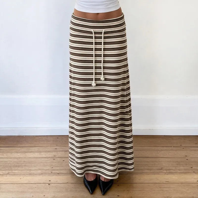 Striped Maxi Skirt, Drawstring Waist Casual Long A Line Skirt with Tassel