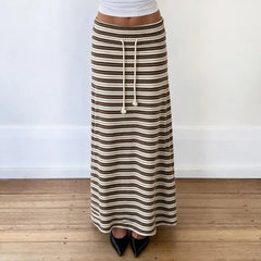 Striped Maxi Skirt, Drawstring Waist Casual Long A Line Skirt with Tassel