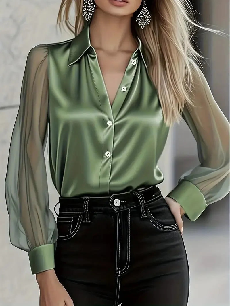 Solid Satin Lapel Button Down Elegant Shirt