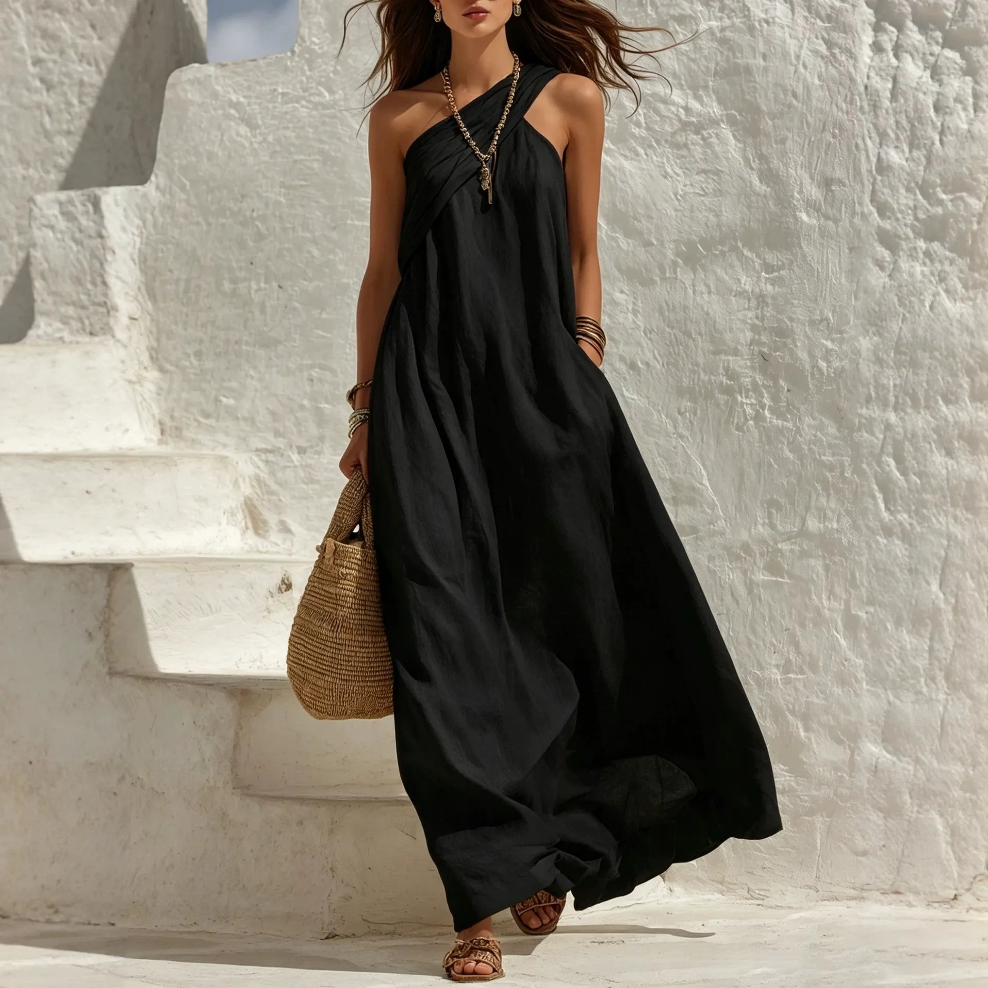 One Shoulder Draped Linen Maxi Vacation Dress