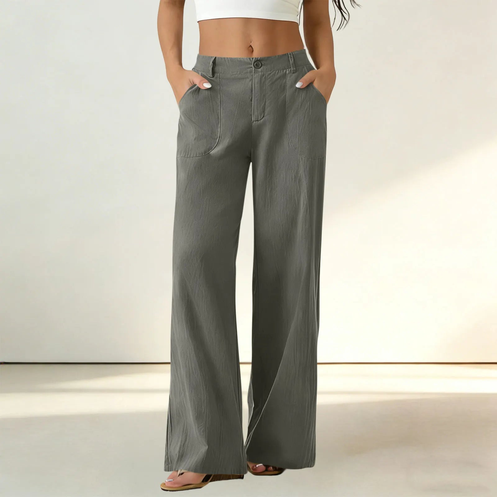 Casual Mid Waist Wide Leg Cotton Linen Pants