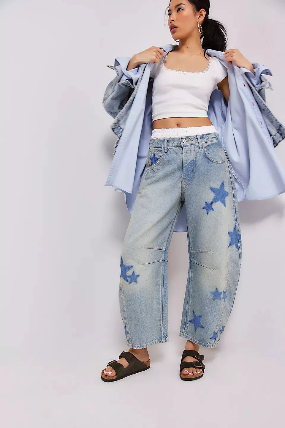 Heart Print Loose Wide Leg Casual Denim Pants