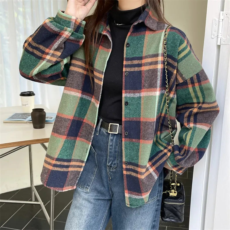 Fall Oversized Brown Black Plaid Shirt, Long Length Button Front Loose Fit Blouse