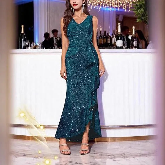 Sleeveless V Neck Sequin Maxi Dress, Ruched Ruffle Split Hem Formal Evening Gown