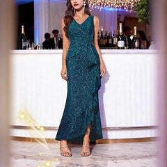 Sleeveless V Neck Sequin Maxi Dress, Ruched Ruffle Split Hem Formal Evening Gown