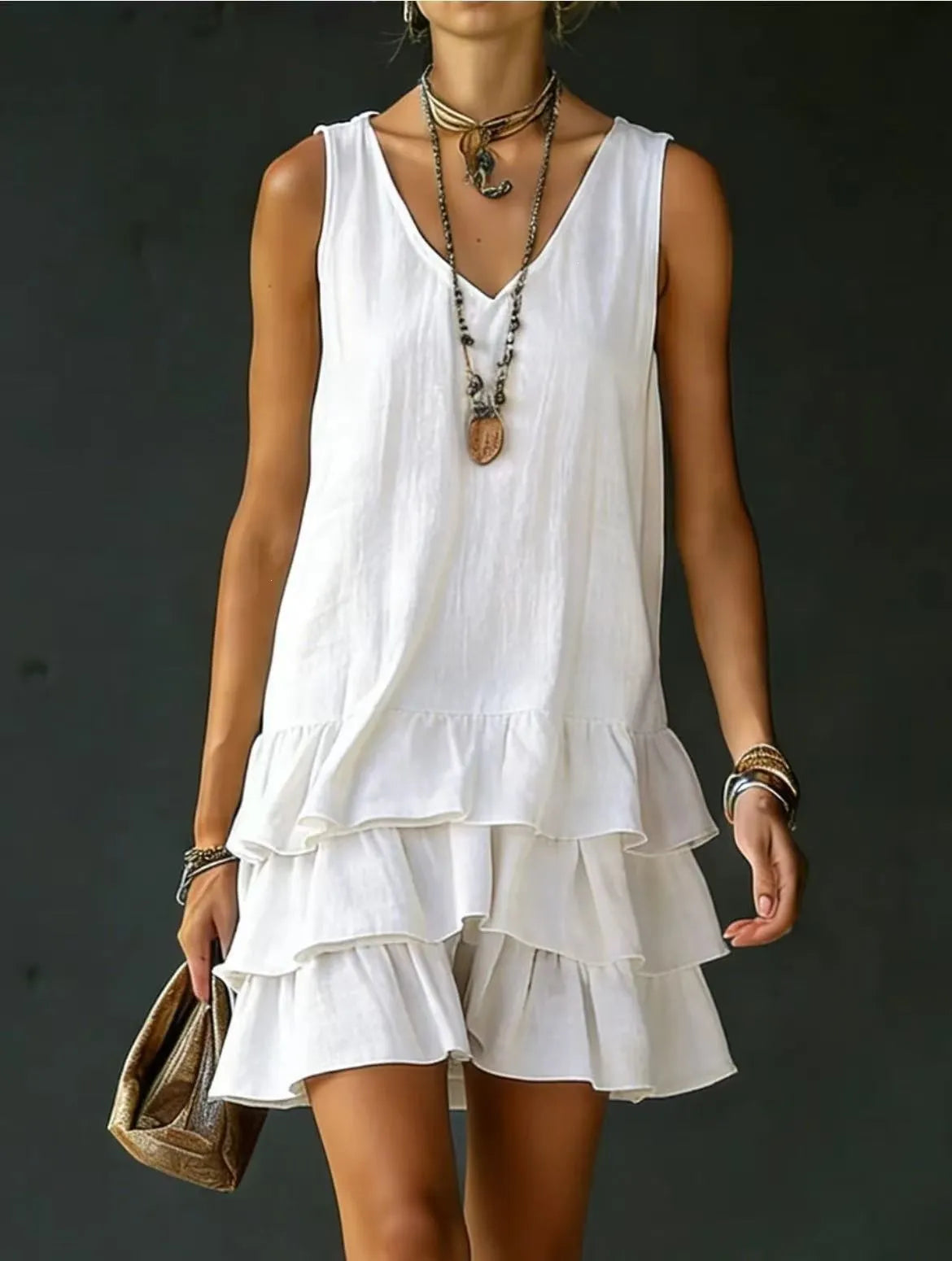 Sleeveless V-Neck Loose Tiered Ruffle Hem Solid Casual Mini Dress