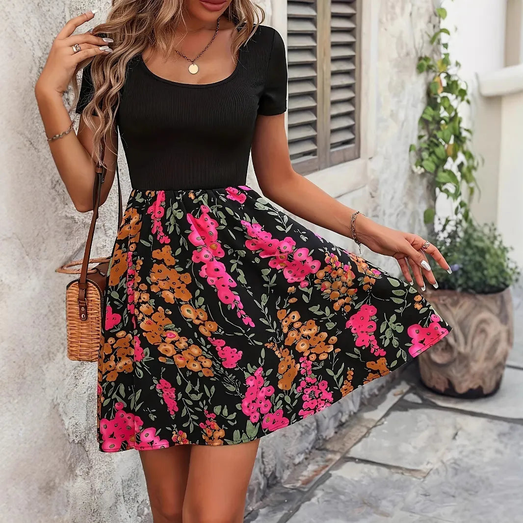 Color Block Floral U-Neck Short Sleeve A-Line Mini Dress High Waist Casual Campus Daily Dress