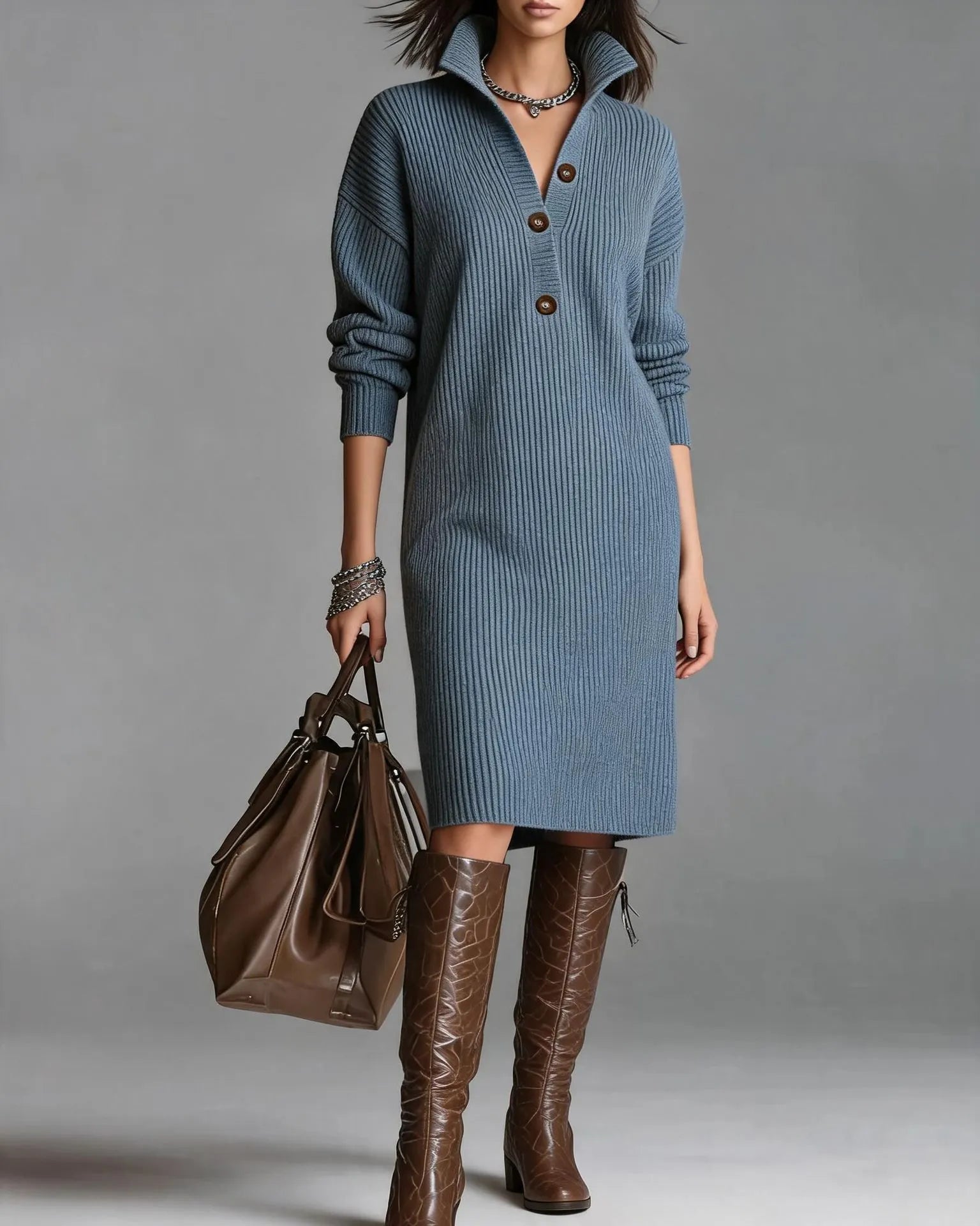 Collared Henley Button Front Loose Sweater Dress