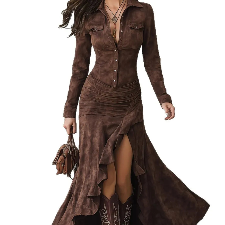 Faux Suede Western Maxi Dress