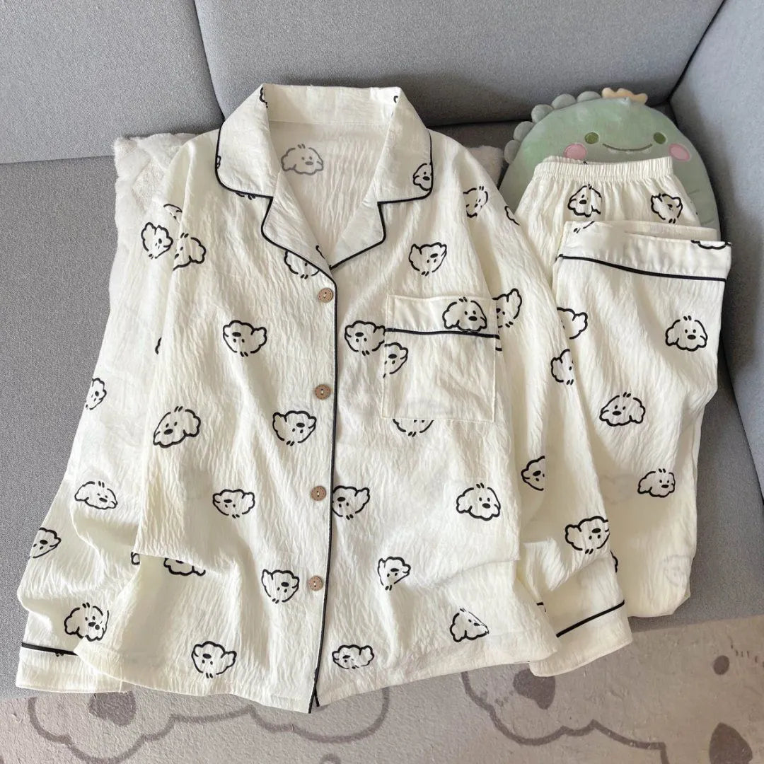 Light Blue Leopard Shirt & Pants 2 Piece Pajamas with Pocket Embroidery