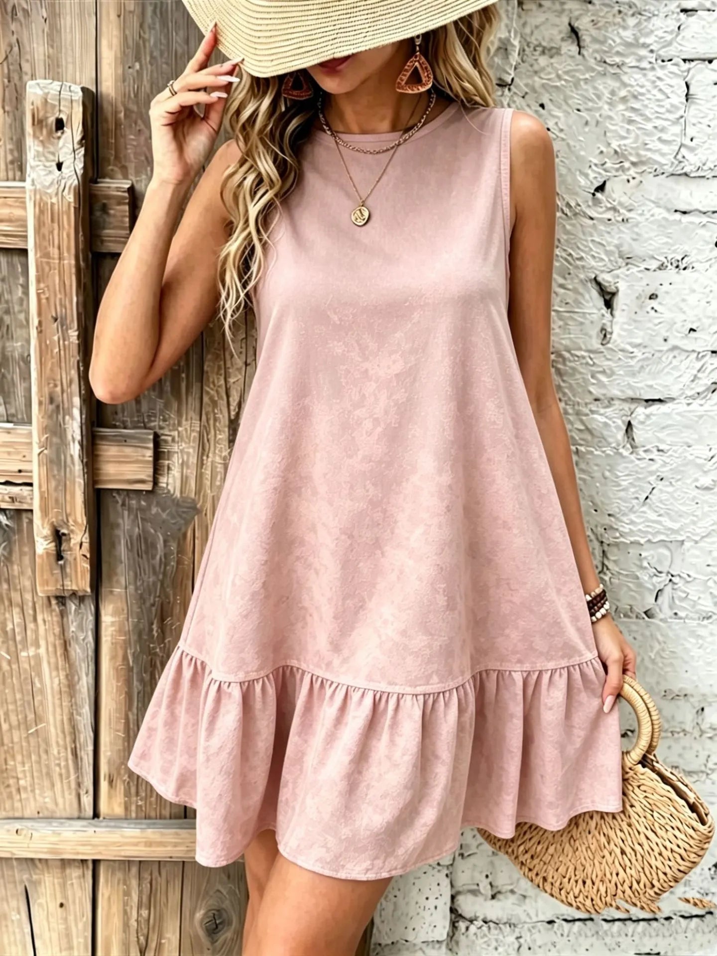 Green Gradient Round Neck Sleeveless Ruffle Hem Mini Dress