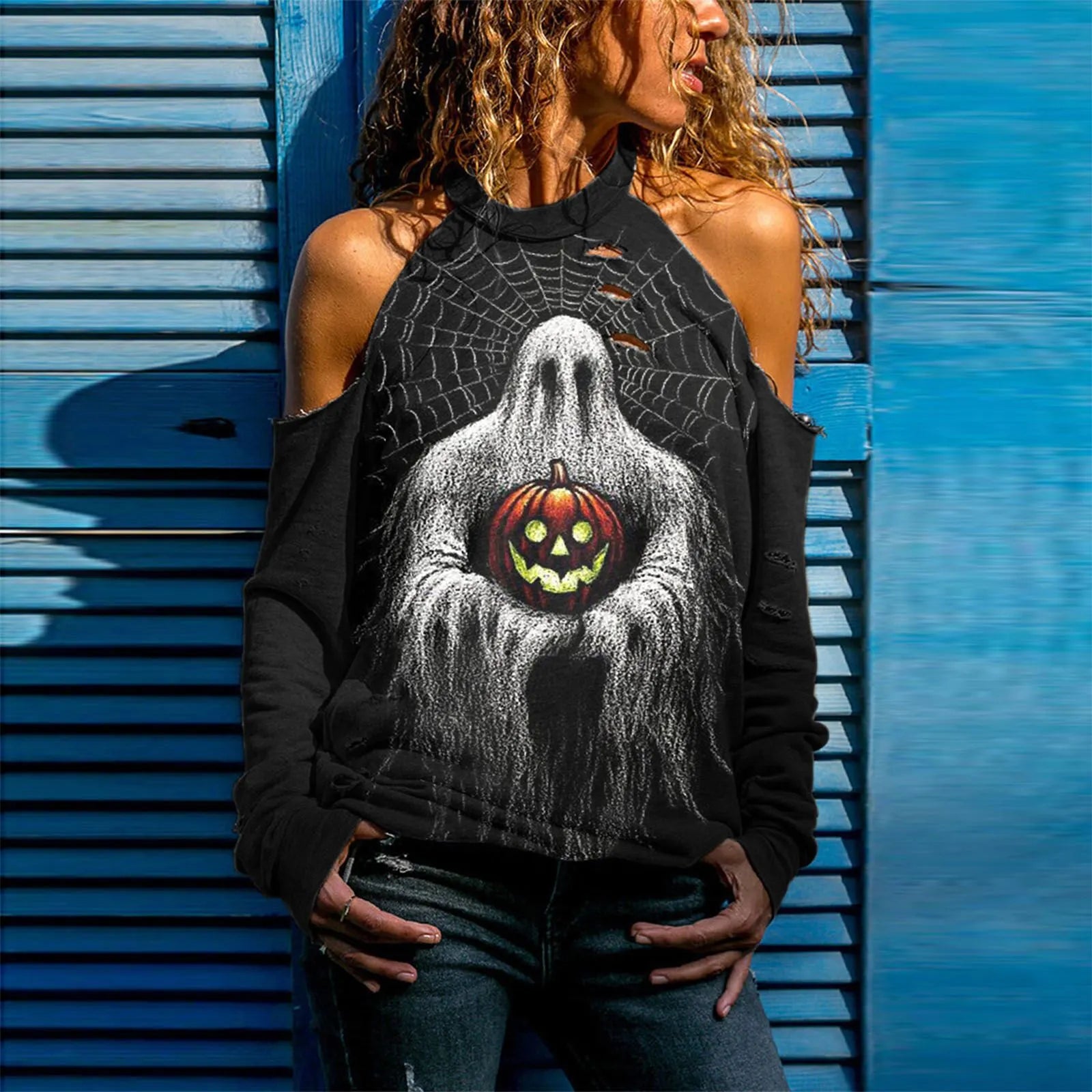 Halloween Skull Print Cold Shoulder Distressed Sweatshirt