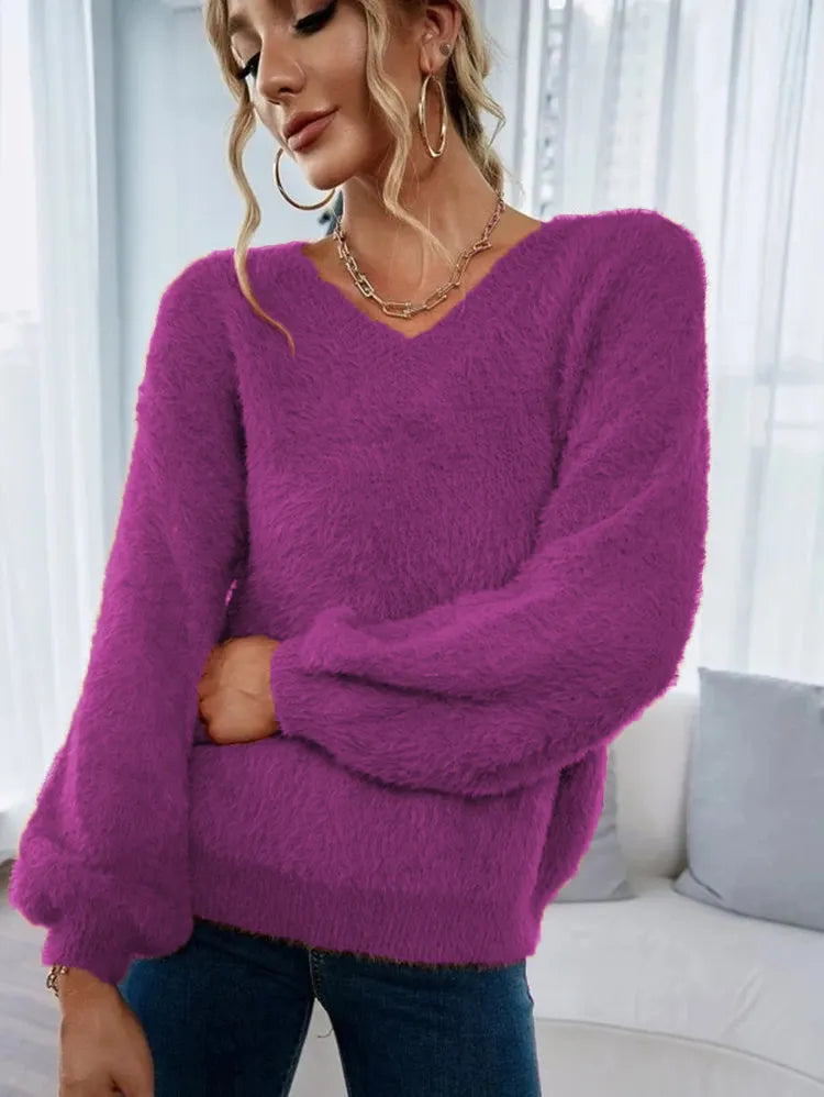Bright Orange Furry V Neck Sweater Ladies Balloon Sleeve Soft Casual Fall Knit Top