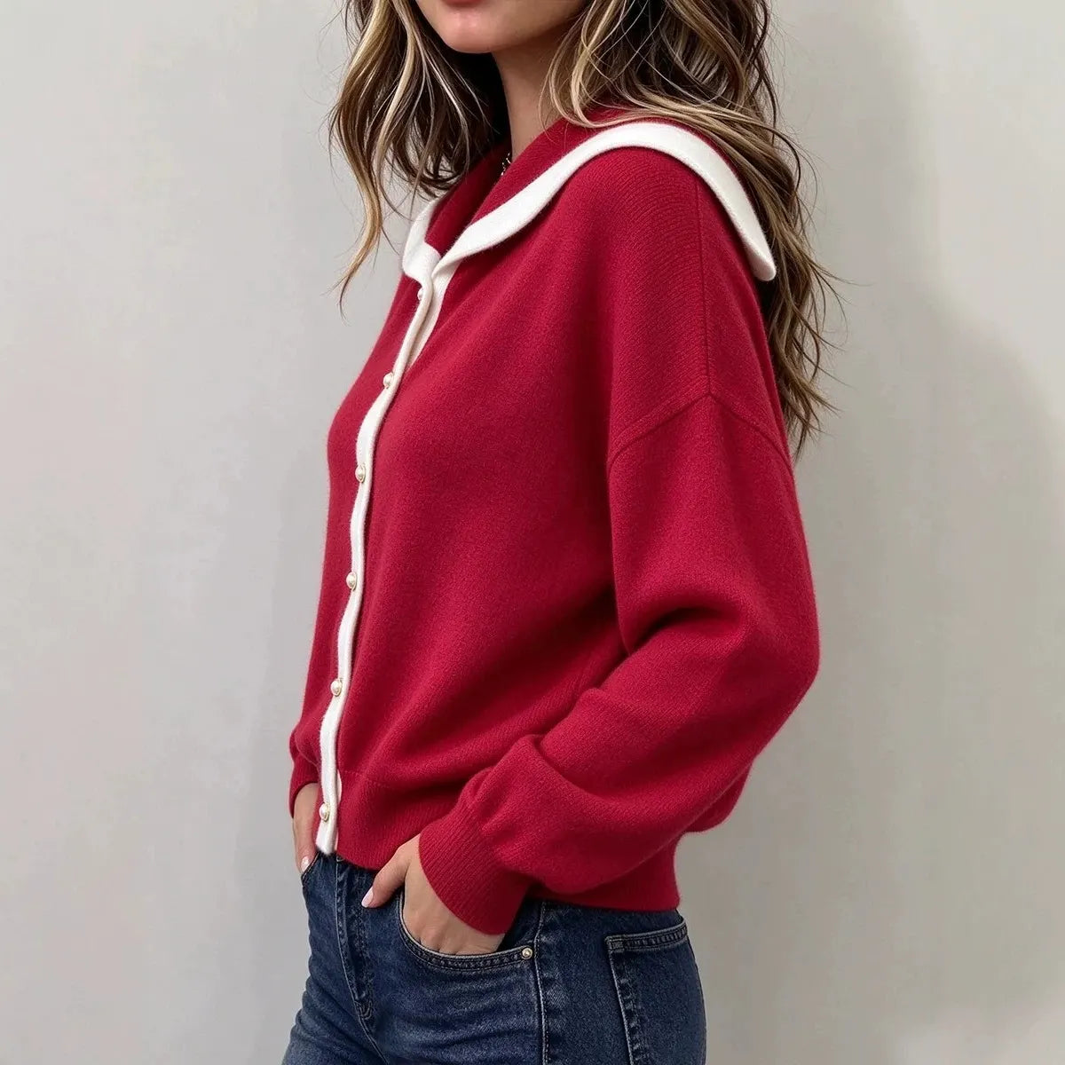 Sailor Collar Knit Cardigan, Contrast Trim Button Down Long Sleeve Sweater Top